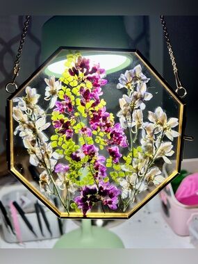 Octagonal Pressed Flower Glass Frame - Gold with Pink & White Blooms